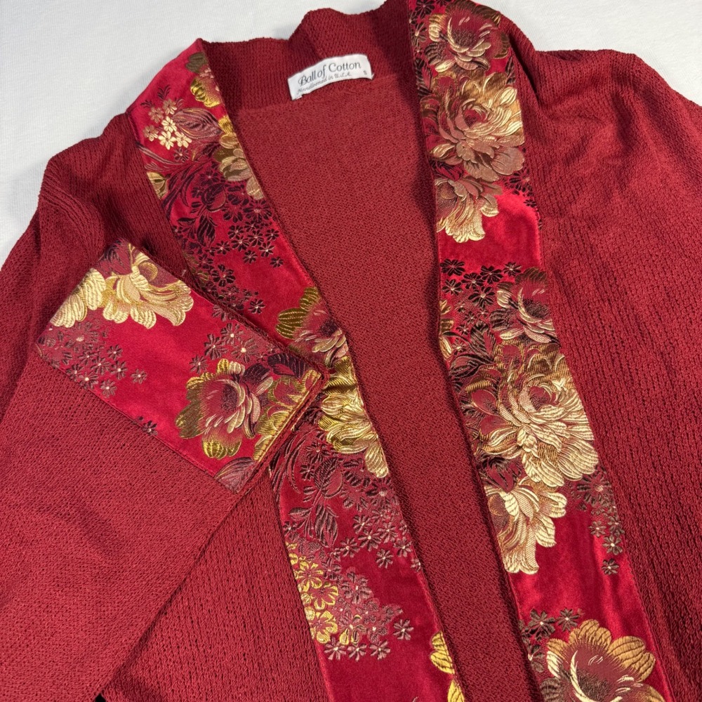 Ball of Cotton Red Textured Knit Cardigan with Floral Brocade Trim Women's S - Picture 3 of 16